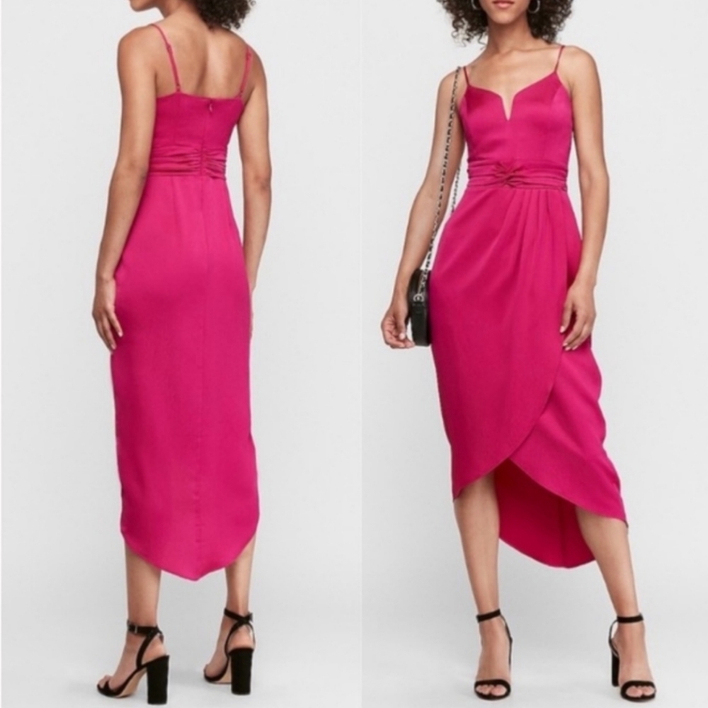 💕Express Fuchsia V-Wire Hi-Lo Satin Dress Size Small